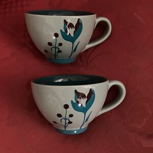 Collectors Item! Pair of Starbucks Floral Teal and White Ceramic Coffee Cups